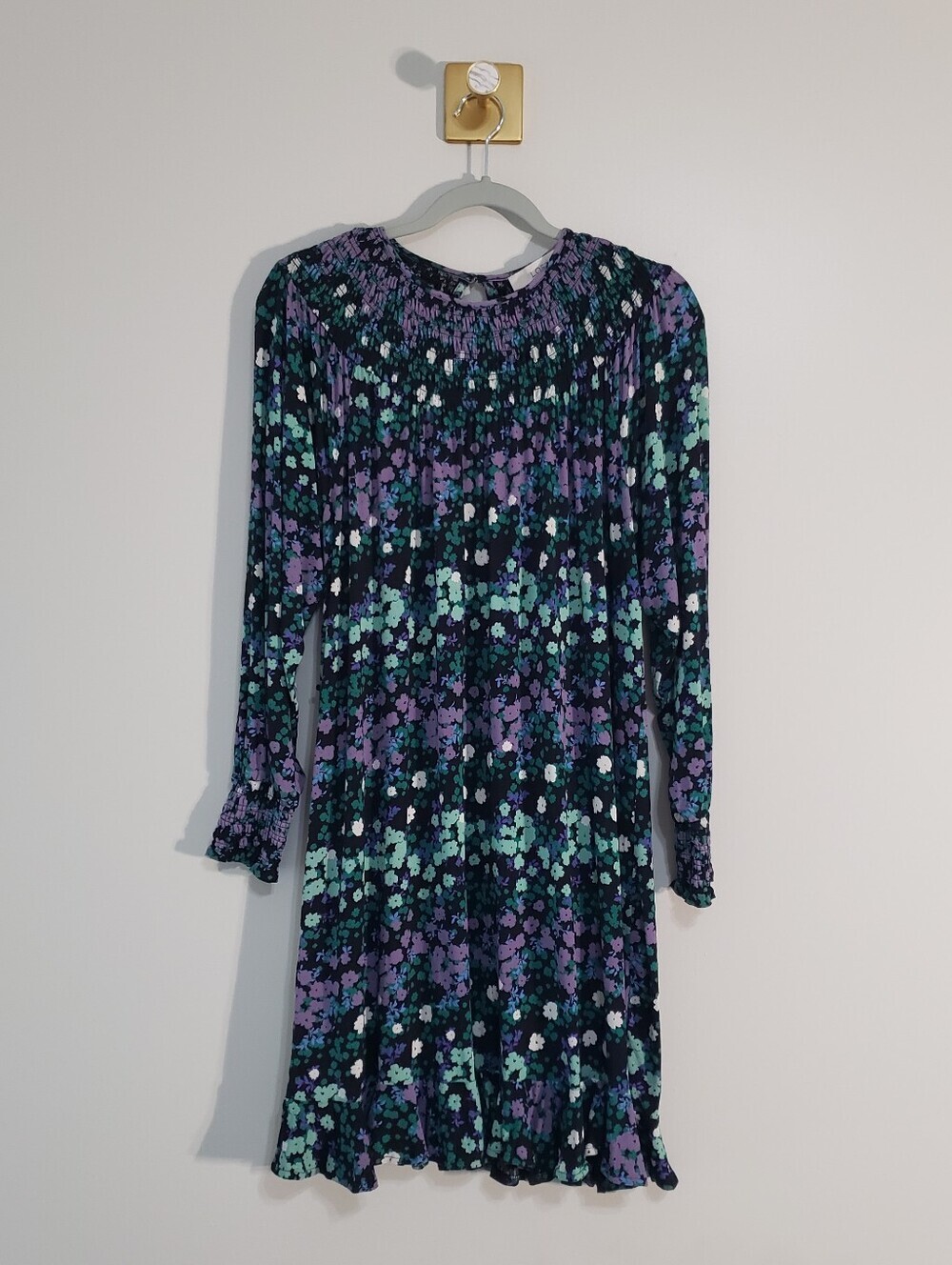 Loft Floral Long Sleeve Shift Dress Medium Black Purple Green Cottagecore Girly